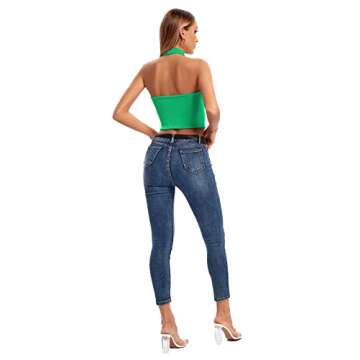 Umenlele Women's Halter Wrap Criss Cross Crop Top Cutout Front Backless Cami Shirt Green X-Small