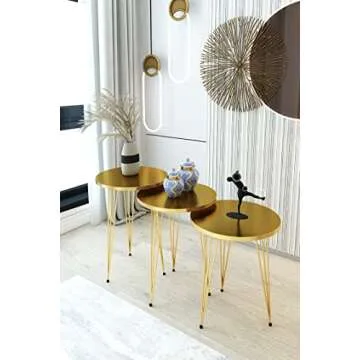 PAK HOME Set of 3 High Gloss Gold Nesting End Tables Round Wood Stacking Coffee Side Accent Table with Metal Legs for Living Room, Home Office, Nightstands for Bedroom