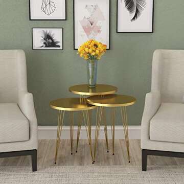 PAK HOME Set of 3 High Gloss Gold Nesting End Tables Round Wood Stacking Coffee Side Accent Table with Metal Legs for Living Room, Home Office, Nightstands for Bedroom