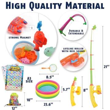 CozyBomB™ Magnetic Fishing Toys Game Set for Kids | Water Table Bathtub Kiddie Pool Party & Pole Rod Net, Plastic Floating Fish Toddler Color Ocean Sea Animals Birthday Age 3 4 5 6 Year