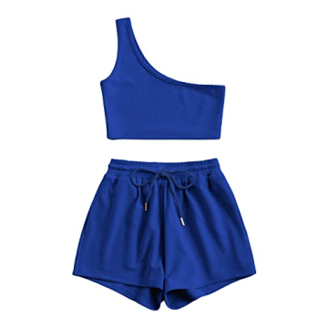 Verdusa Royal Blue One Shoulder Tank & Lounge Shorts Set - Stylish & Comfortable