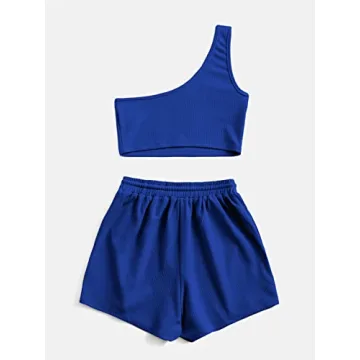 Verdusa Women's One Shoulder Tank Lounge Shorts Set Royal Blue