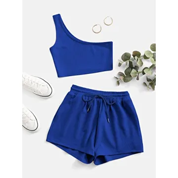 Verdusa Women's One Shoulder Tank Lounge Shorts Set Royal Blue