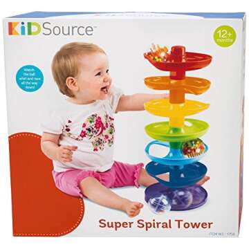 KidSource Super Spiral Tower - Ball Drop and Roll Activity Toy - Seven Colorful Ramps and Three Rattling Balls Promote Fine Motor Skills for Kids Ages 1 Year Old and Up
