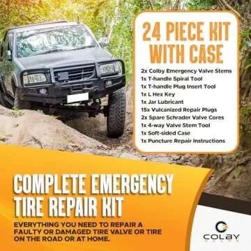 Colby Valve Complete Emergency Tire Repair Kit with Plugs | Includes Emergency Valve Stem Replacement Kit, 15 Tire Plugs, 2 Spare Schrader Valve Cores, Repair Accessories and Case