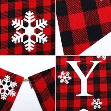 Plaid Christmas Joy Banner Cotton Burlap Christmas Rustic Bunting Banner for Christmas Hanging Decorations (Red)