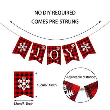 Plaid Christmas Joy Banner Cotton Burlap Christmas Rustic Bunting Banner for Christmas Hanging Decorations (Red)