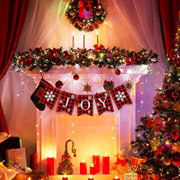 Plaid Christmas Joy Banner Cotton Burlap Christmas Rustic Bunting Banner for Christmas Hanging Decorations (Red)