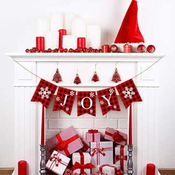 Plaid Christmas Joy Banner Cotton Burlap Christmas Rustic Bunting Banner for Christmas Hanging Decorations (Red)