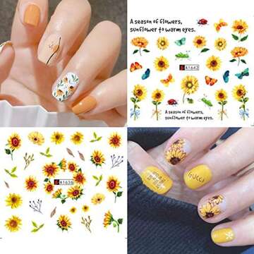 Sunflower Nail Stickers Floral Flower Nail Art Water Decals Transfer Foils for Nails Supply Watermar...