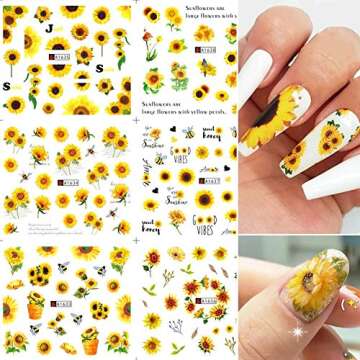 Sunflower Nail Stickers Floral Flower Nail Art Water Decals Transfer Foils for Nails Supply Watermark Small Daisy Flowers Designs Nail Tattoos for Women Nail Supplies Manicure Decorations 12PCS