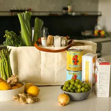 CapaBunga Grocery Tote Bag with Handles - 5 Pocket Large Utility Tote Bag - Heavy Duty Canvas Utility Bags with Vegan Leather Base - Reusable Shopping Bags for Groceries - Natural Grocery Bag