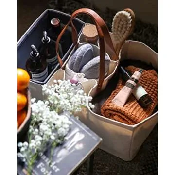 CapaBunga Grocery Tote Bag with Handles - 5 Pocket Large Utility Tote Bag - Heavy Duty Canvas Utility Bags with Vegan Leather Base - Reusable Shopping Bags for Groceries - Natural Grocery Bag