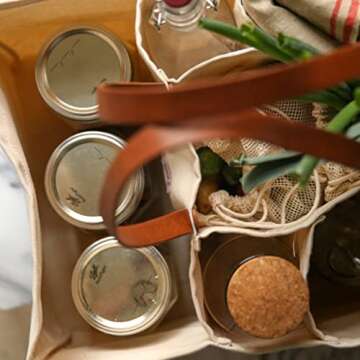 CapaBunga Grocery Tote Bag with Handles - 5 Pocket Large Utility Tote Bag - Heavy Duty Canvas Utility Bags with Vegan Leather Base - Reusable Shopping Bags for Groceries - Natural Grocery Bag