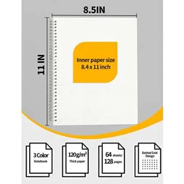 SUNEE Spiral Dotted Notebooks - Large Spiral Bullet Journals, 8.5" x 11", 120gsm Thick Dotted Paper, 3 Pack Dot Grid Notebook for Women, School, Office, 64 Sheets, Blue, Pink, Transparent