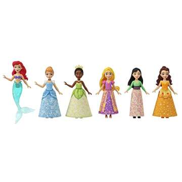 Mattel Disney Princess Toys, Small Doll Party Set with 6 Posable Dolls in Sparkling Clothing & 13 Tea Time Accessories