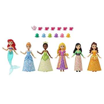Mattel Disney Princess Toys, Small Doll Party Set with 6 Posable Dolls in Sparkling Clothing & 13 Tea Time Accessories