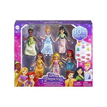 Mattel Disney Princess Toys, Small Doll Party Set with 6 Posable Dolls in Sparkling Clothing & 13 Tea Time Accessories