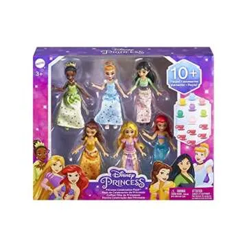 Mattel Disney Princess Toys, Small Doll Party Set with 6 Posable Dolls in Sparkling Clothing & 13 Tea Time Accessories