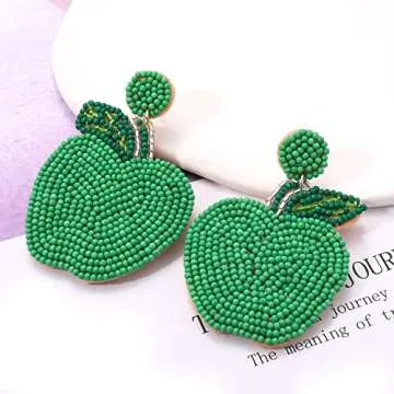 Beaded Earrings HandmadeTeacher Apple Bead Dangling Earrings Funny Fruit Drop Dangle Earrings for Women Teacher’s Day Appreciation Back to School Jewelry Gifts