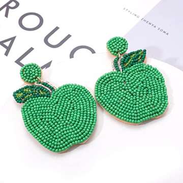 Beaded Earrings HandmadeTeacher Apple Bead Dangling Earrings Funny Fruit Drop Dangle Earrings for Women Teacher’s Day Appreciation Back to School Jewelry Gifts