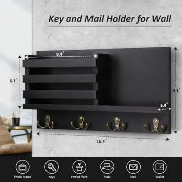 Nekon Mail Holder for Wall – Rustic Mail Organizer with Key Hooks for Hallway Kitchen Farmhouse Decor – Letter Sorter Made of Paulownia wood with Floating Shelf, (16.5” x 9.1” x 3.4”)