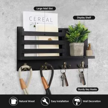Nekon Mail Holder for Wall – Rustic Mail Organizer with Key Hooks for Hallway Kitchen Farmhouse Decor – Letter Sorter Made of Paulownia wood with Floating Shelf, (16.5” x 9.1” x 3.4”)