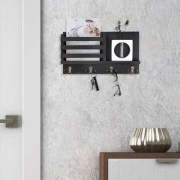 Nekon Mail Holder for Wall – Rustic Mail Organizer with Key Hooks for Hallway Kitchen Farmhouse Decor – Letter Sorter Made of Paulownia wood with Floating Shelf, (16.5” x 9.1” x 3.4”)