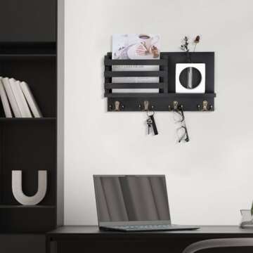 Nekon Mail Holder for Wall – Rustic Mail Organizer with Key Hooks for Hallway Kitchen Farmhouse Decor – Letter Sorter Made of Paulownia wood with Floating Shelf, (16.5” x 9.1” x 3.4”)