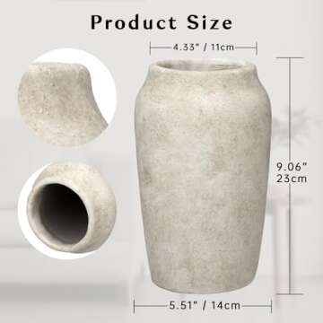 Briful 9.06'' Large Ceramic Rustic Vase Shabby Vintage Textured Vase, 4.33'' Wide Mouth Pampas Vase ...