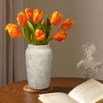 Briful 9.06'' Large Ceramic Rustic Vase Shabby Vintage Textured Vase, 4.33'' Wide Mouth Pampas Vase for Fake Flowers Branches, Farmhouse Home Décor, Weddings Shelf Table Decor,Heige