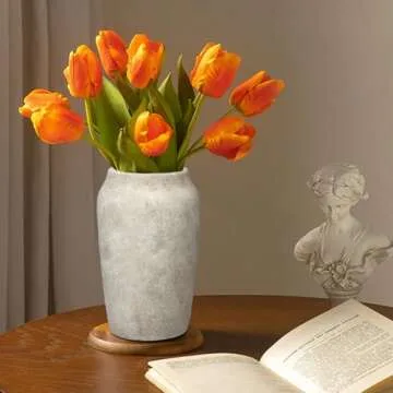 Briful 9.06'' Large Ceramic Rustic Vase Shabby Vintage Textured Vase, 4.33'' Wide Mouth Pampas Vase for Fake Flowers Branches, Farmhouse Home Décor, Weddings Shelf Table Decor,Heige