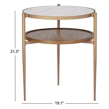 Amazon Brand – Rivet Modern White Marble and Wood Double Storage Wood Shelf Side End Table, 21.3"H, White/Brass/Walnut