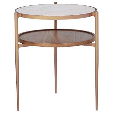 Amazon Brand – Rivet Modern White Marble and Wood Double Storage Wood Shelf Side End Table, 21.3"H, White/Brass/Walnut