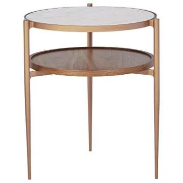 Amazon Brand – Rivet Modern White Marble and Wood Double Storage Wood Shelf Side End Table, 21.3"H, White/Brass/Walnut