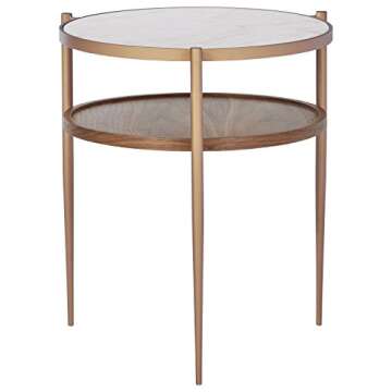 Amazon Brand – Rivet Modern White Marble and Wood Double Storage Wood Shelf Side End Table, 21.3"H, White/Brass/Walnut