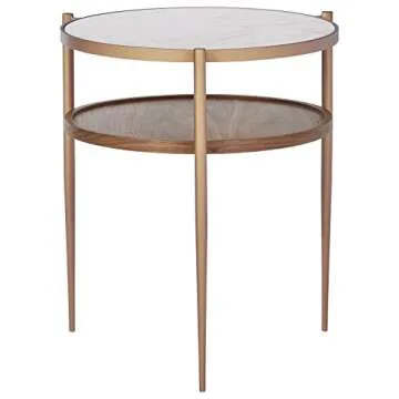 Amazon Brand – Rivet Modern White Marble and Wood Double Storage Wood Shelf Side End Table, 21.3"H, White/Brass/Walnut