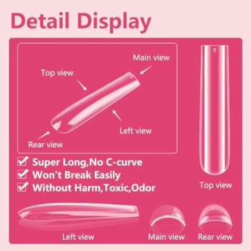 Quaferen Clear Square Nail Tips, 504Pcs XXXL Extra Long Tapered Square Straight Acrylic Nail Tips, Full Cover No C Curve Gel Nail Tips False Nail Extension Tips for Nail Art