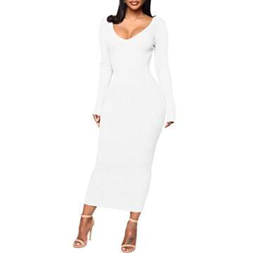 Women's Sexy Off Shoulder Long Sleeves Sweater Dress Knit Slim Cardigans White Outfits