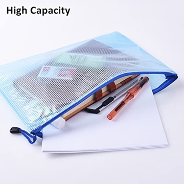 JIANYI Mesh Zipper Pouch, Waterproof Zipper Bags, A4 Size Multipurpose Mesh Bags with Zipper for Organizing Office Supplies, School and Travel Accessories