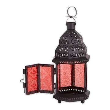 Accent Plus Zingz & Thingz Moroccan Candle Lantern Holder - 10.25" Tall, Black with Red Glass