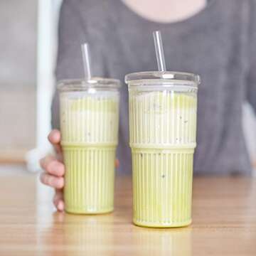 Birchland All Glass Iced Coffee Cup with Lid and Straw, Ribbed Glass Tumbler Set of 2 (22 oz ribbed)