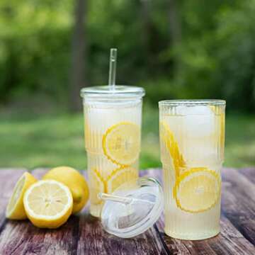 Birchland All Glass Iced Coffee Cup with Lid and Straw, Ribbed Glass Tumbler Set of 2 (22 oz ribbed)