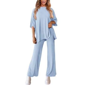 PRETTYGARDEN Women's 2 Piece Outfits Casual Short Sleeve Pullover Tops and Wide Leg Pants Lounge Sets Tracksuits (Light Blue,X-Large)