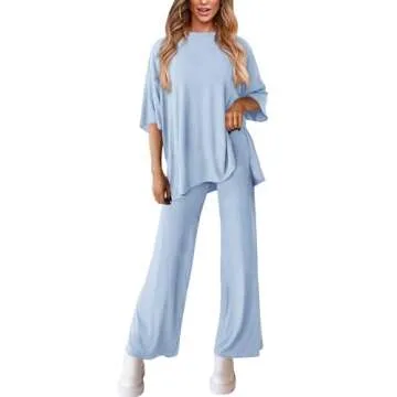 PRETTYGARDEN Women's 2 Piece Outfits Casual Short Sleeve Pullover Tops and Wide Leg Pants Lounge Sets Tracksuits (Light Blue,X-Large)