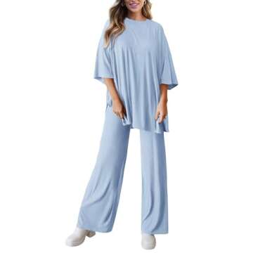 PRETTYGARDEN Women's 2 Piece Outfits Casual Short Sleeve Pullover Tops and Wide Leg Pants Lounge Sets Tracksuits (Light Blue,X-Large)