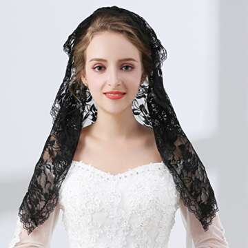 Grettytling Lace Mantilla Veil Soft and comfortable 7 Colors Spanish Style Rose Lace Veil Head Covering D Shape (Black)