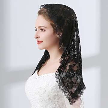 Grettytling Lace Mantilla Veil Soft and comfortable 7 Colors Spanish Style Rose Lace Veil Head Covering D Shape (Black)