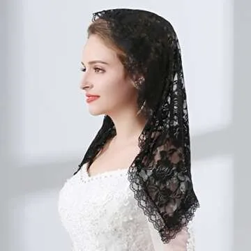 Grettytling Lace Mantilla Veil Soft and comfortable 7 Colors Spanish Style Rose Lace Veil Head Covering D Shape (Black)
