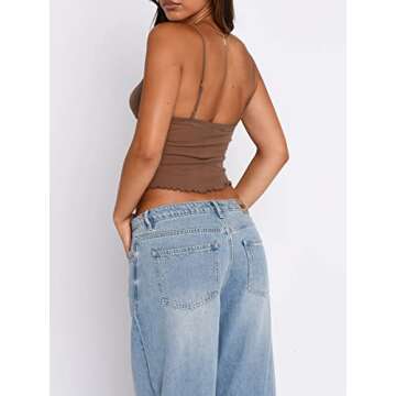 Women Y2k Backless Crop Top Spaghetti Strap Cami Tank Sexy Sheer See Through Sleeveless Lace Going Out Camisole Brown